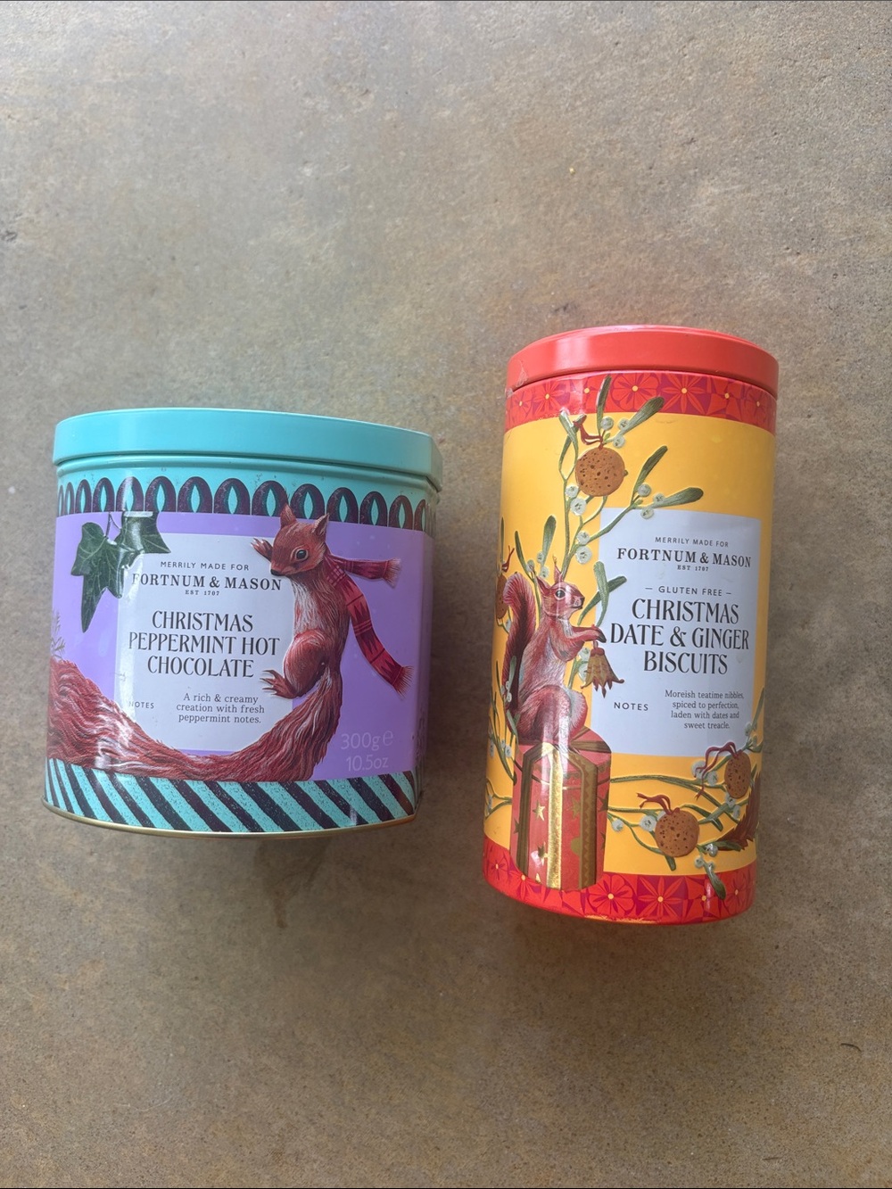 2x Fortnum and Mason Christmas squirrel tins- empty